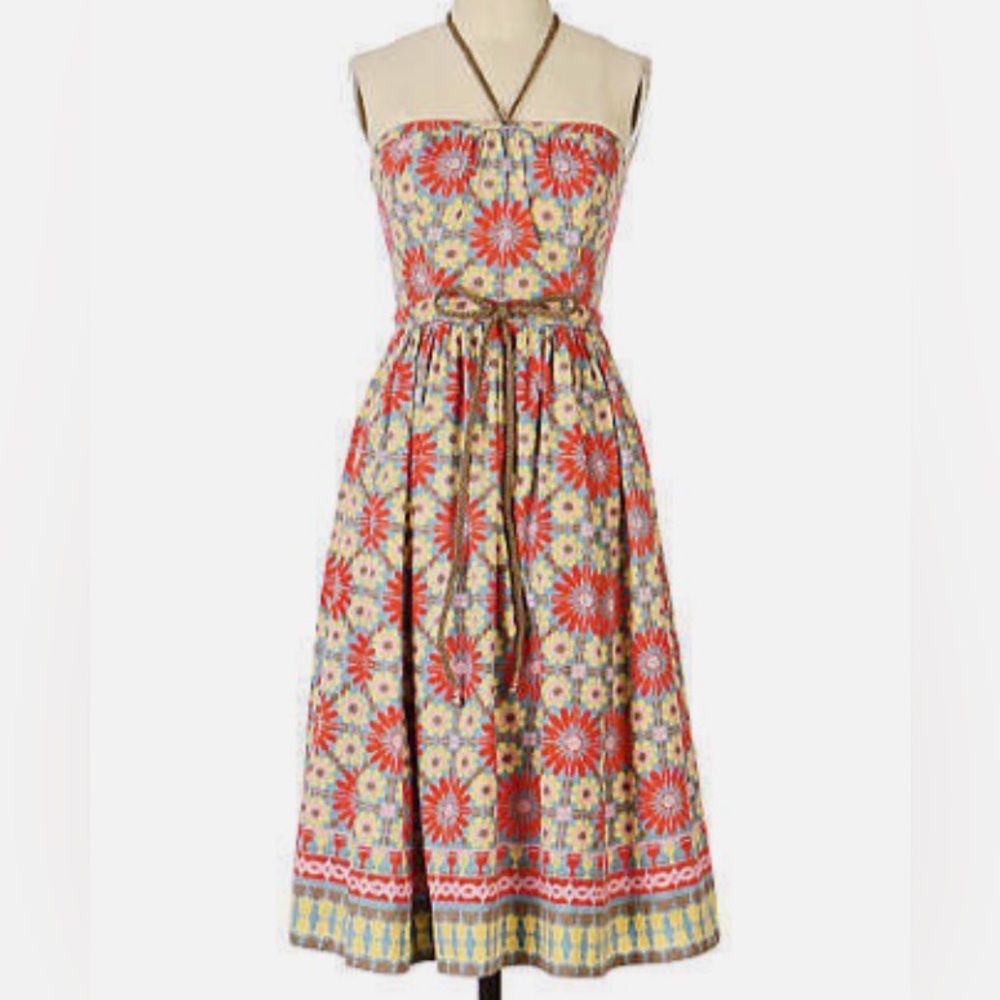 PLENTY strapless multi color floral cotton dress, leather look ties, size 6